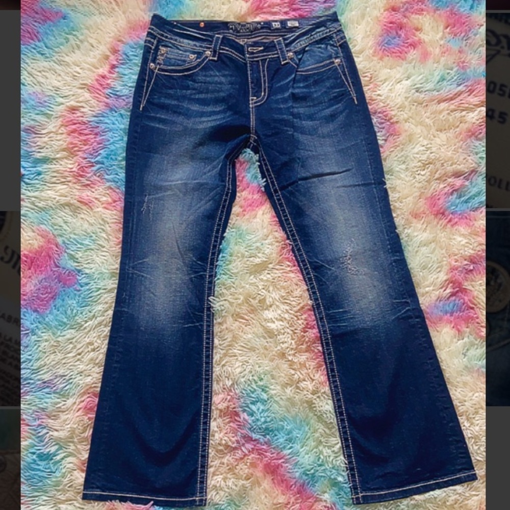 Miss me plus size 33 mid rise boot cut golden rhinestone and embroidery pockets